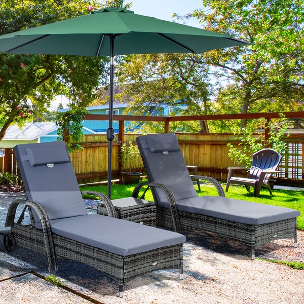 Outsunny 3 Pieces Rattan Sun Loungers, Garden Wicker Wheeling Recliner , PE Rattan Lounge Chairs w/ Cushions & Side Coffee Table Grey Aosom UK