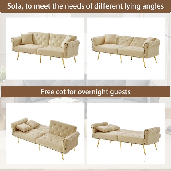 2-Seater Modern Sofa Bed with Velvet Upholstery and Adjustable Backrests, Daybed Perfect for Living Room, 177L x 74W x 71H cm, Beige Aosom UK