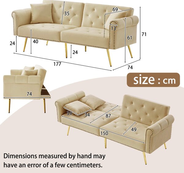 2-Seater Modern Sofa Bed with Velvet Upholstery and Adjustable Backrests, Daybed Perfect for Living Room, 177L x 74W x 71H cm, Beige Aosom UK