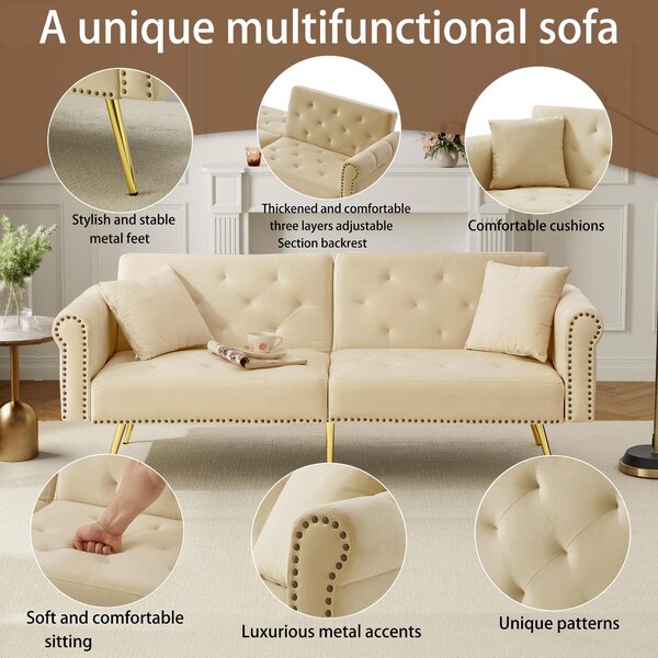 2-Seater Modern Sofa Bed with Velvet Upholstery and Adjustable Backrests, Daybed Perfect for Living Room, 177L x 74W x 71H cm, Beige Aosom UK