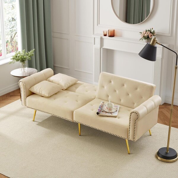 2-Seater Modern Sofa Bed with Velvet Upholstery and Adjustable Backrests, Daybed Perfect for Living Room, 177L x 74W x 71H cm, Beige Aosom UK