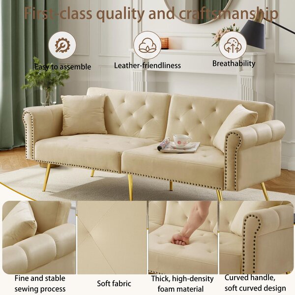 2-Seater Modern Sofa Bed with Velvet Upholstery and Adjustable Backrests, Daybed Perfect for Living Room, 177L x 74W x 71H cm, Beige Aosom UK