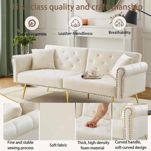 2-Seater Modern Sofa Bed with Independent Backrests, Gold-Plated Metal Feet, Velvet Couch for Living Room, 177L x 74W x 71H cm, White Aosom UK