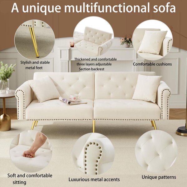 2-Seater Modern Sofa Bed with Independent Backrests, Gold-Plated Metal Feet, Velvet Couch for Living Room, 177L x 74W x 71H cm, White Aosom UK