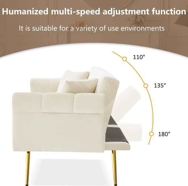 2-Seater Modern Sofa Bed with Independent Backrests, Gold-Plated Metal Feet, Velvet Couch for Living Room, 177L x 74W x 71H cm, White Aosom UK