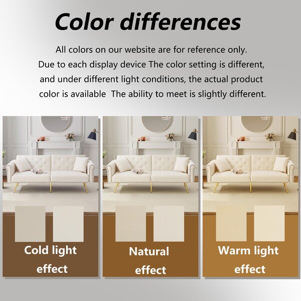 2-Seater Modern Sofa Bed with Independent Backrests, Gold-Plated Metal Feet, Velvet Couch for Living Room, 177L x 74W x 71H cm, White Aosom UK