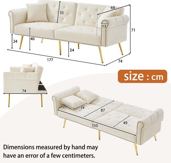2-Seater Modern Sofa Bed with Independent Backrests, Gold-Plated Metal Feet, Velvet Couch for Living Room, 177L x 74W x 71H cm, White Aosom UK