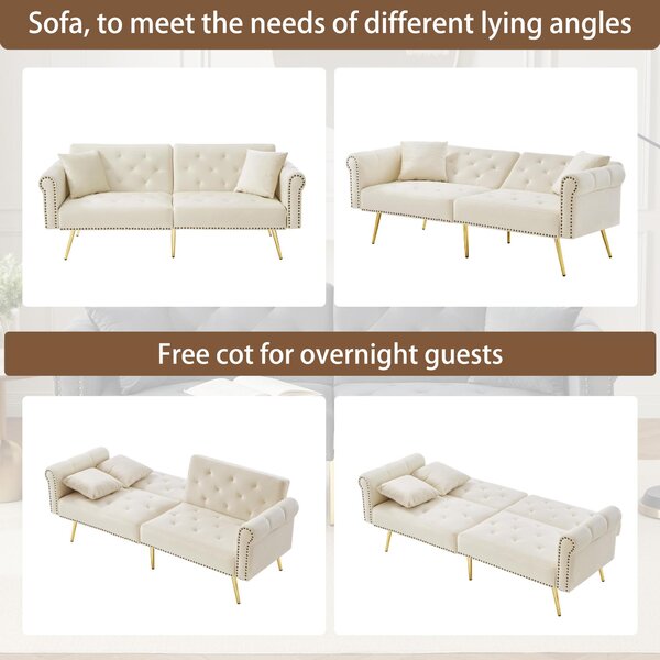 2-Seater Modern Sofa Bed with Independent Backrests, Gold-Plated Metal Feet, Velvet Couch for Living Room, 177L x 74W x 71H cm, White Aosom UK