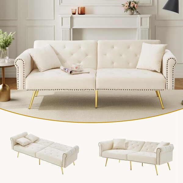 2-Seater Modern Sofa Bed with Independent Backrests, Gold-Plated Metal Feet, Velvet Couch for Living Room, 177L x 74W x 71H cm, White Aosom UK
