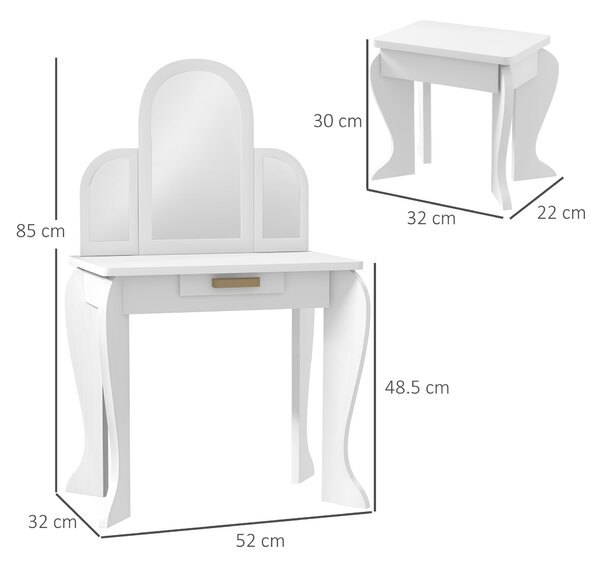 HOMCOM Kids Dressing Table Set, with Mirror and Drawer - White
