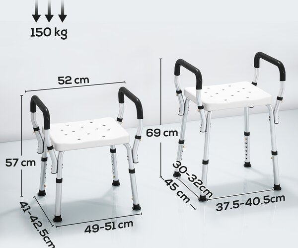 HOMCOM Aluminium Frame Bath Seat, Adjustable Height & Anti-Slip, for Comfortable Showering, 57-69cm Aosom UK
