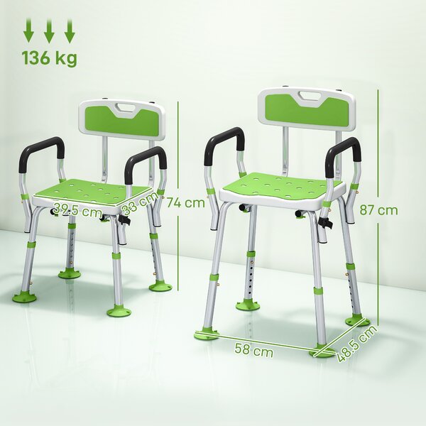 HOMCOM EVA Padded Shower Chair for the Elderly and Disabled, Height Adjustable Shower Stool with Back and Arms, 4 Suction Foot Pads, Green