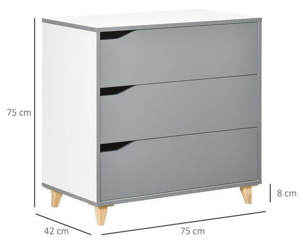 HOMCOM Drawer Chest, 3-Drawer Storage Cabinet Unit with Pine Wood Legs for Bedroom, Living Room, 75cmx42cmx75cm, Grey