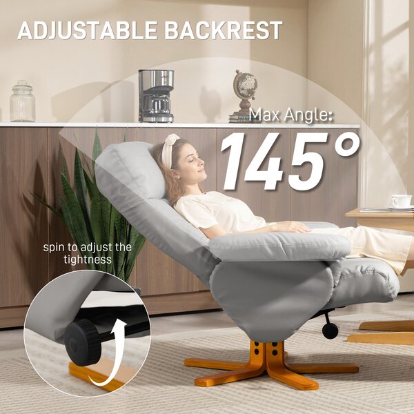 HOMCOM PU Leather Swivel Recliner Chair with Footstool, Wooden Base and Storage, Light Grey Aosom UK