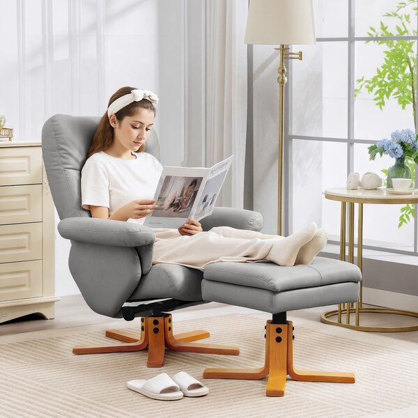 HOMCOM PU Leather Swivel Recliner Chair with Footstool, Wooden Base and Storage, Light Grey Aosom UK