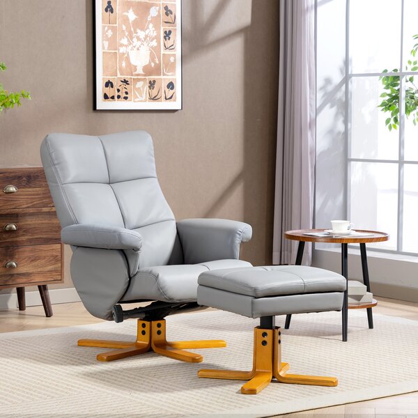 HOMCOM PU Leather Swivel Recliner Chair with Footstool, Wooden Base and Storage, Light Grey Aosom UK