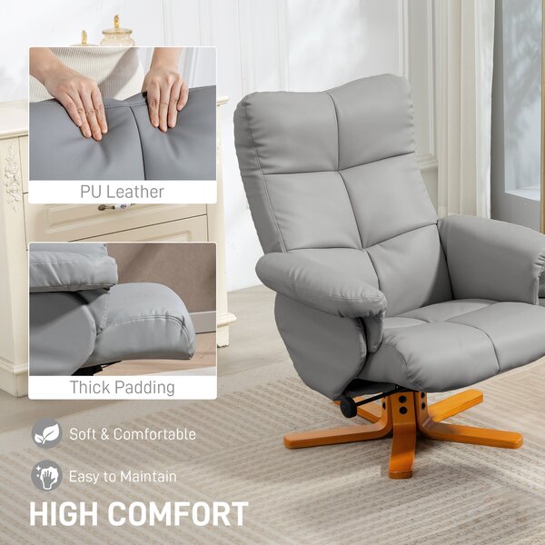 HOMCOM PU Leather Swivel Recliner Chair with Footstool, Wooden Base and Storage, Light Grey Aosom UK