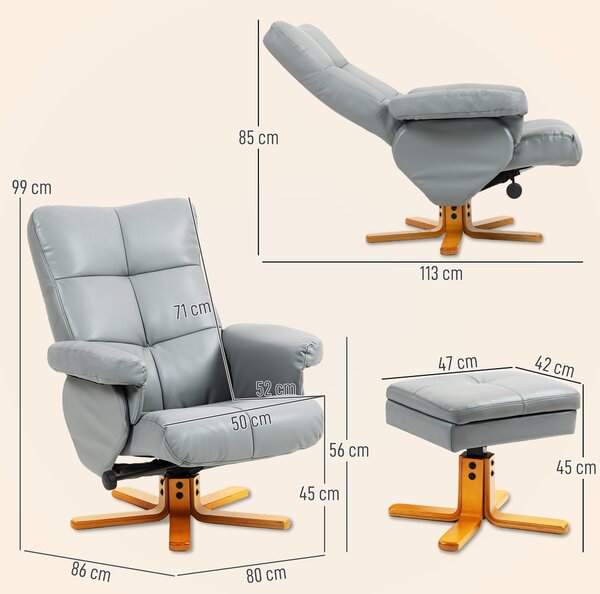 HOMCOM PU Leather Swivel Recliner Chair with Footstool, Wooden Base and Storage, Light Grey Aosom UK