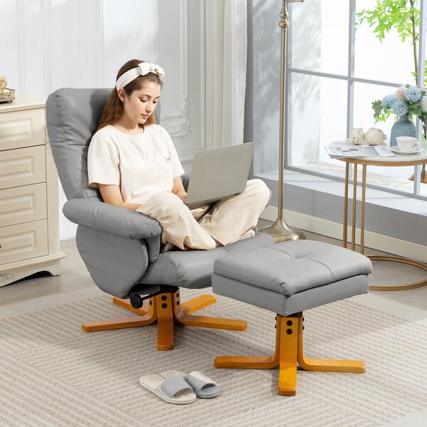 HOMCOM PU Leather Swivel Recliner Chair with Footstool, Wooden Base and Storage, Light Grey Aosom UK