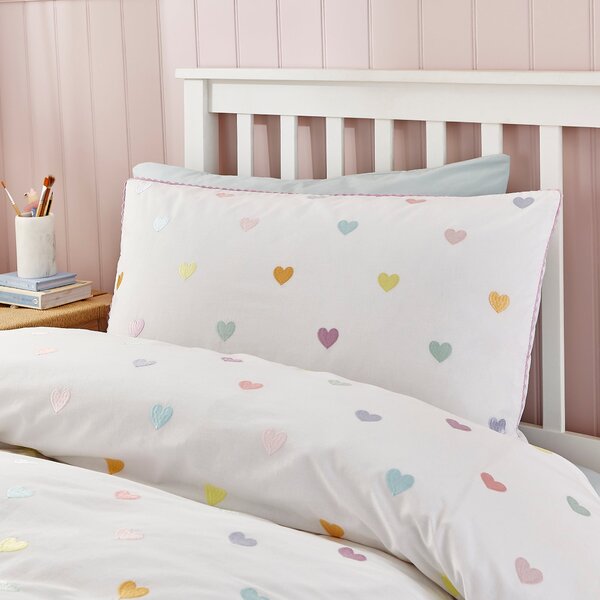 Embroidered Hearts Single Duvet Cover and Pillowcase Set