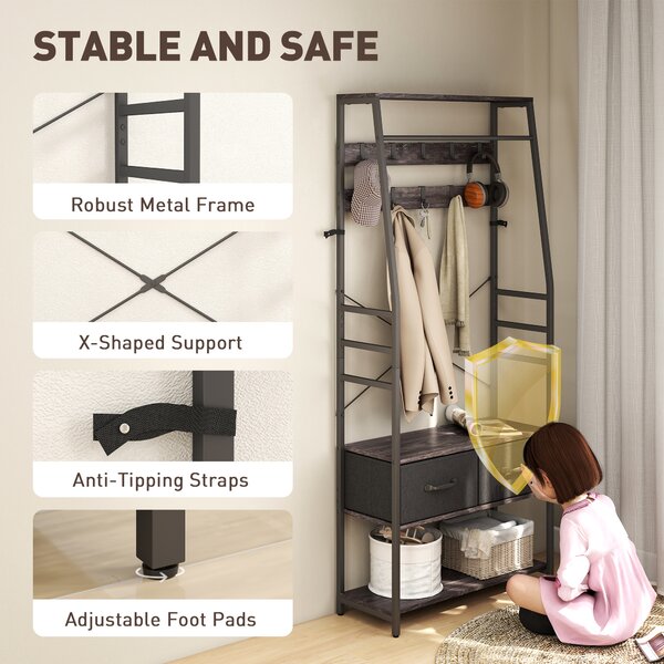 HOMCOM Coat Rack with Shoe Storage, Hall Tree, Industrial Coat Stand with Shoe Bench, 10 Removable Hooks, 2 Fabric Drawers and Clothes Rail for Entryway, Hallway, Grey
