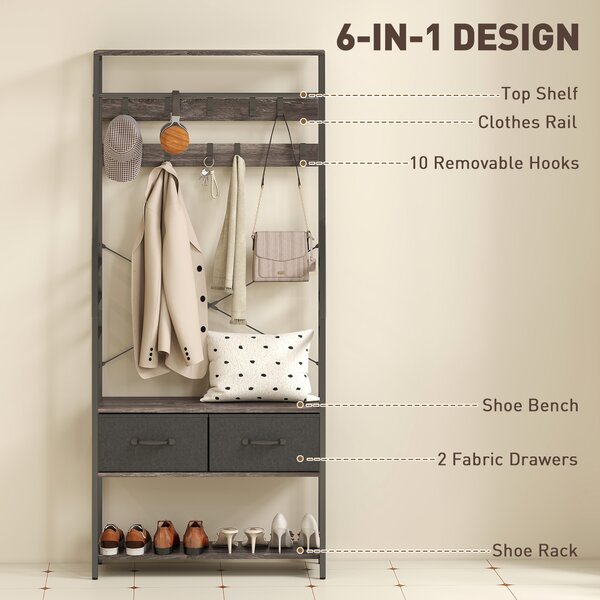 HOMCOM Coat Rack with Shoe Storage, Hall Tree, Industrial Coat Stand with Shoe Bench, 10 Removable Hooks, 2 Fabric Drawers and Clothes Rail for Entryway, Hallway, Grey
