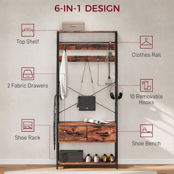 HOMCOM 6-in-1 Industrial-Style Hallway Organiser - Brown/Black