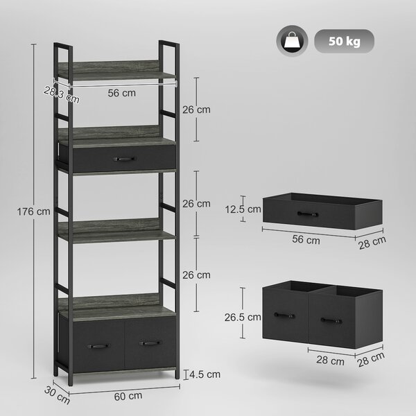 HOMCOM Industrial Bookcase, 6-Tier Tall Bookshelf with 3 Fabric Drawers - Grey