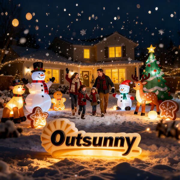 Outsunny 6FT Christmas Inflatables Snowman & Penguins with Built-in LED Lights and Flashing Projector Light, Blow Up Christmas Inflatable Decoration for Indoor Outdoor Decor, Garden