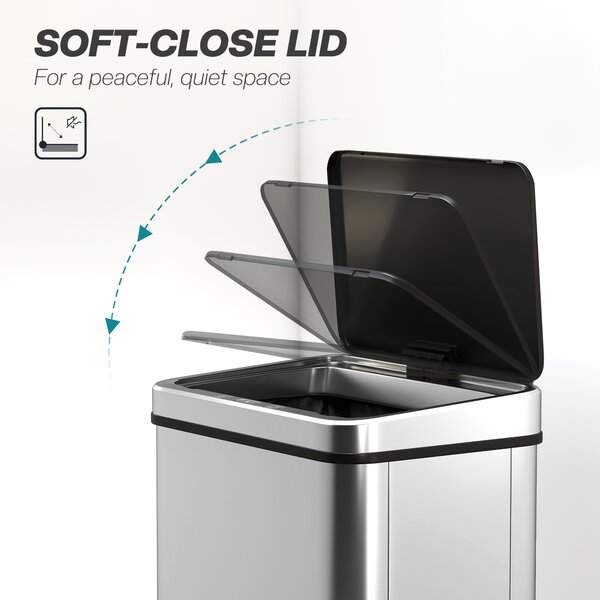 HOMCOM 50L Sensor Bin with Quiet Soft-Close Lid, Automatic Touchless Motion Sensor Kitchen Bin with Fingerprint Resistant Stainless Steel for Hygienic Gyms, Home Office Use, Silver Tone