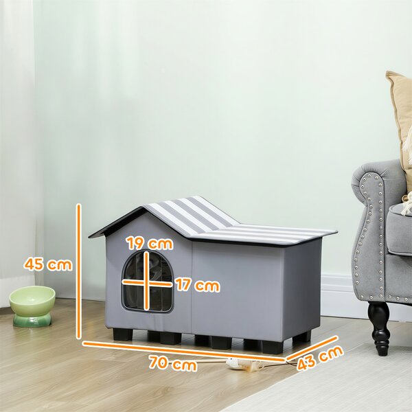 PawHut Outdoor Cat House, Weatherproof Feral Cat Cave with Elevated Base and Cushion for Winter, Grey