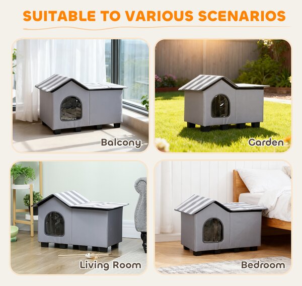 PawHut Outdoor Cat House, Weatherproof Feral Cat Cave with Elevated Base and Cushion for Winter, Grey