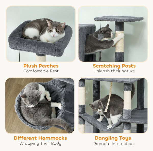 PawHut 202cm Large Cat Tree with 6 Scratching Posts, 2 Hammocks, 2 Condos, 2 Perches, Pompoms, for Indoor Cats to Rest and Play