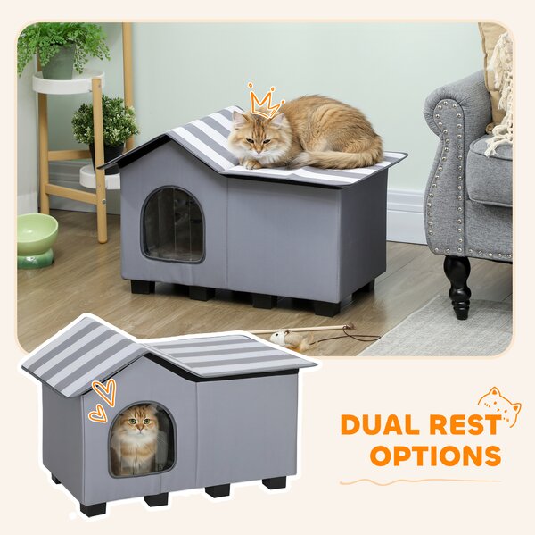 PawHut Outdoor Cat House, Weatherproof Feral Cat Cave with Elevated Base and Cushion for Winter, Grey