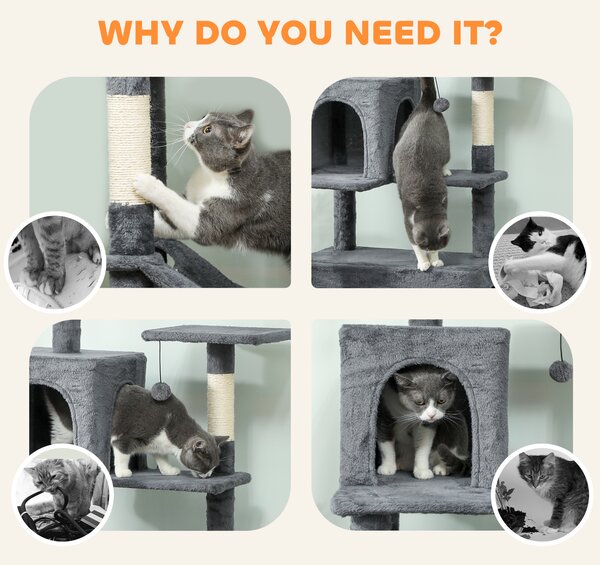 PawHut 202cm Large Cat Tree with 6 Scratching Posts, 2 Hammocks, 2 Condos, 2 Perches, Pompoms, for Indoor Cats to Rest and Play