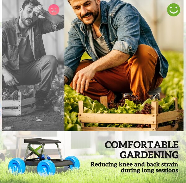 Outsunny Garden Cart with Wheels, Garden Stool Trolley with Tool Tray, Rolling Garden Seat for Weeding, Planting, Blue