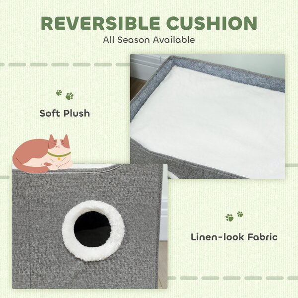 PawHut Cat Bed for Indoor Pets, Foldable Cat House with Fluffy Ball and Scratch Pad for Small and Medium Pets, Grey