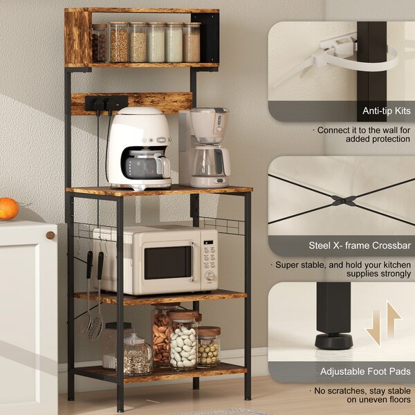 HOMCOM Bakers Rack with Power Outlet, USB Charger, Microwave Stand with Adjustable Shelves, 5 Hooks for Small Spaces, Kitchen Storage Unit for Spices, Pots and Pans, Rustic Brown