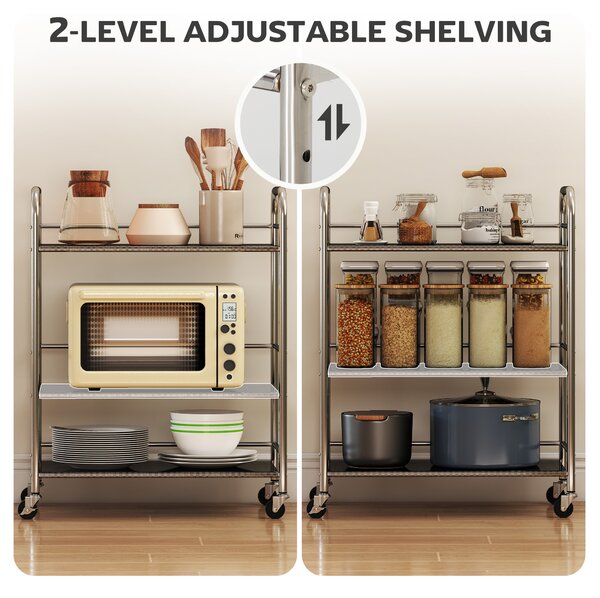 HOMCOM 3 Tier Stainless Steel Kitchen Storage Trolley with Adjustable Shelf - Silver