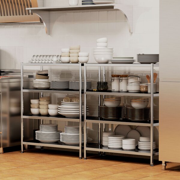 HOMCOM 4-Tier Bakers Rack with Storage, Stainless Steel Microwave Stand with Adjustable Shelves for Small Spaces, Kitchen Storage Unit for Spices, Pots and Pans, Silver Tone