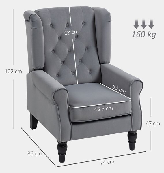 HOMCOM Wingback Accent Chair, Retro Upholstered Button Tufted Occasional Chair for Living Room and Bedroom, Light Grey