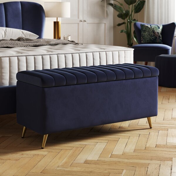 Curve Pleated Velvet End of Bed Ottoman Navy