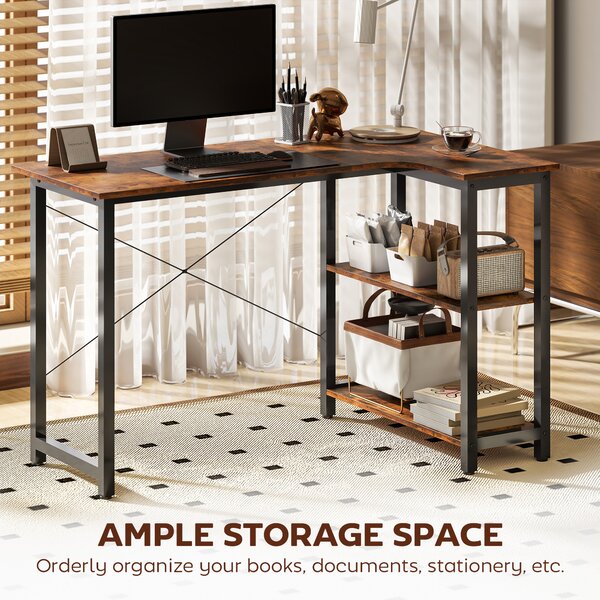 HOMCOM L Shaped Desk, Corner Computer Desk with Bookshelf for Home Office, Study Room, Workstation, 120 x 73.2 x 75cm, Rustic Brown