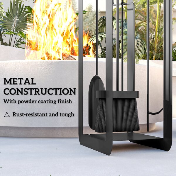 Outsunny 5 Pieces Fireplace Companion Set, Metal Fireplace Accessories Fireside Companion Set with Brush, Shovel, Poker, A Pair of Tongs, Stand, Black