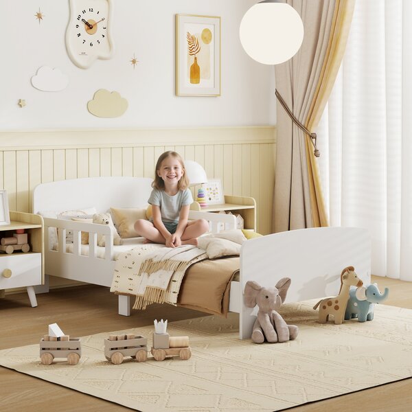 AIYAPLAY Toddler Bed, Kids Bed Frame with Safety Side Rails, Kids Bedroom Furniture for Ages 3-8 Years, White