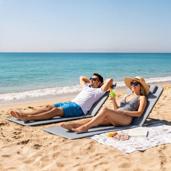 Outsunny Set of 2 Foldable Garden Beach Chair Mat Lightweight Outdoor Sun Lounger Seats Adjustable Back Metal Frame PE Fabric Head Pillow, Grey