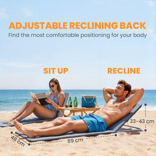 Outsunny Set of 2 Foldable Garden Beach Chair Mat Lightweight Outdoor Sun Lounger Seats Adjustable Back Metal Frame PE Fabric Head Pillow, Grey
