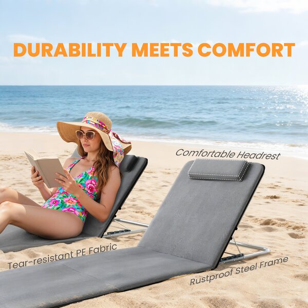 Outsunny Set of 2 Foldable Garden Beach Chair Mat Lightweight Outdoor Sun Lounger Seats Adjustable Back Metal Frame PE Fabric Head Pillow, Grey