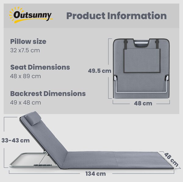 Outsunny Set of 2 Foldable Garden Beach Chair Mat Lightweight Outdoor Sun Lounger Seats Adjustable Back Metal Frame PE Fabric Head Pillow, Grey