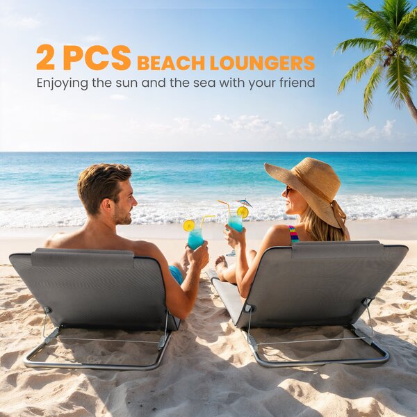 Outsunny Set of 2 Foldable Garden Beach Chair Mat Lightweight Outdoor Sun Lounger Seats Adjustable Back Metal Frame PE Fabric Head Pillow, Grey